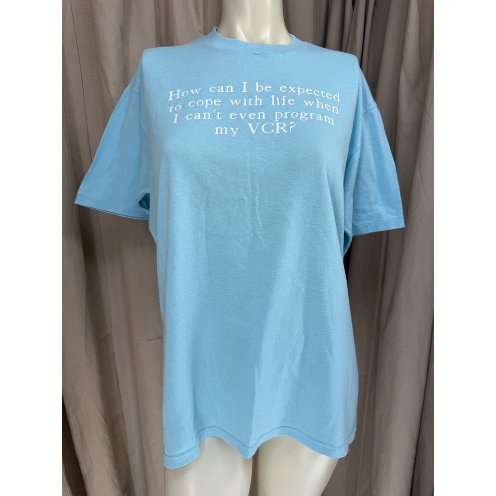Vintage Jerzees USA VCR Slogan Tee Blue Funny Graphic T-Shirt Mens Large 50/50